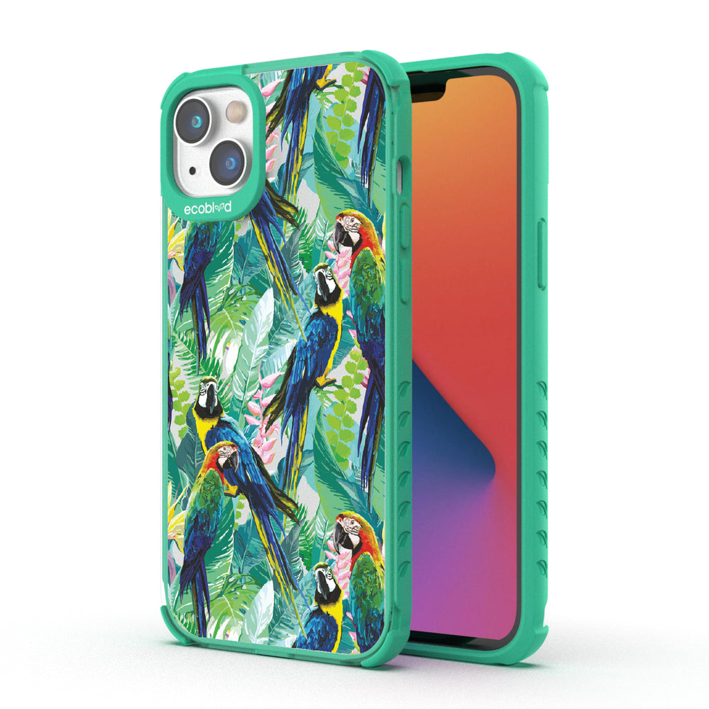 Macaw Medley - Back View Of Green & Clear Eco-Friendly iPhone 14 Case & A Front View Of The Screen