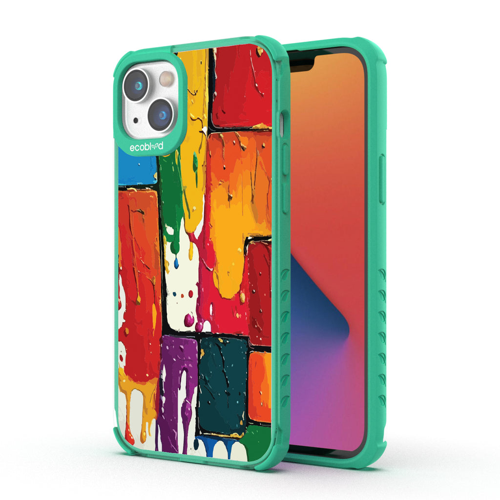 Front and back view of iPhone 14 Pro Max case, clear compostable phone case with green ridges, Color Me Mine design