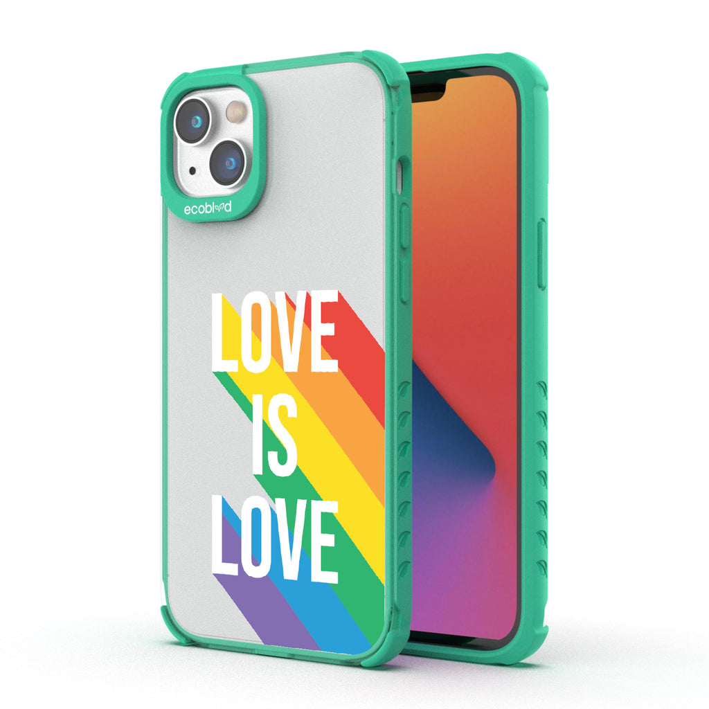Spectrum Of Love - Back View Of Green & Clear Eco-Friendly iPhone 14 Case & A Front View Of The Screen