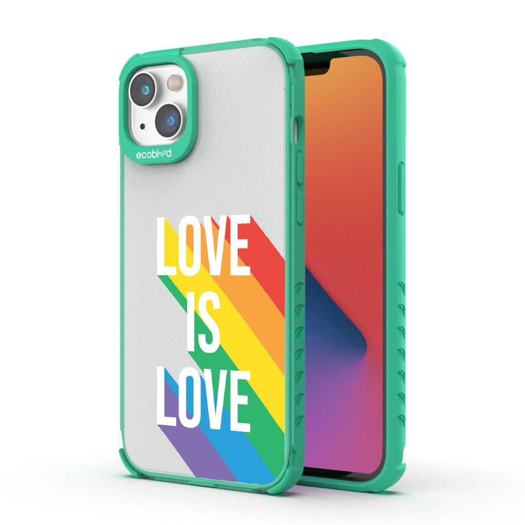 Spectrum Of Love - Back View Of Green & Clear Eco-Friendly iPhone 14 Case & A Front View Of The Screen