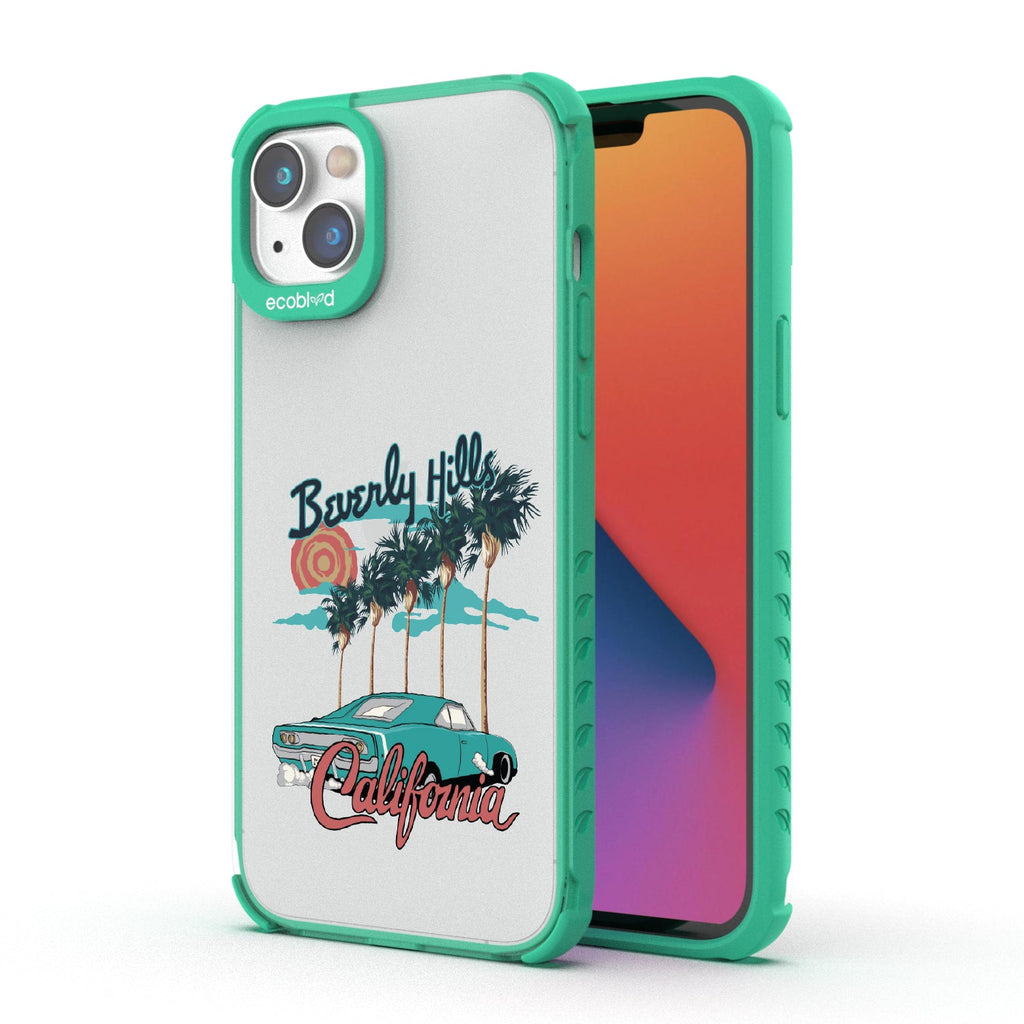 Front and back view of iPhone 16e, 14, 13 case, clear compostable phone case with green ridges, 90210 design