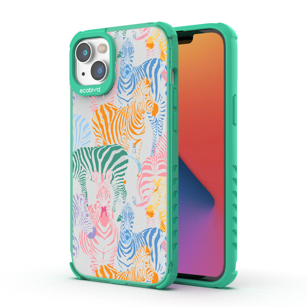 Colorful Herd - Back View Of Green & Clear Eco-Friendly iPhone 14 Case & A Front View Of The Screen