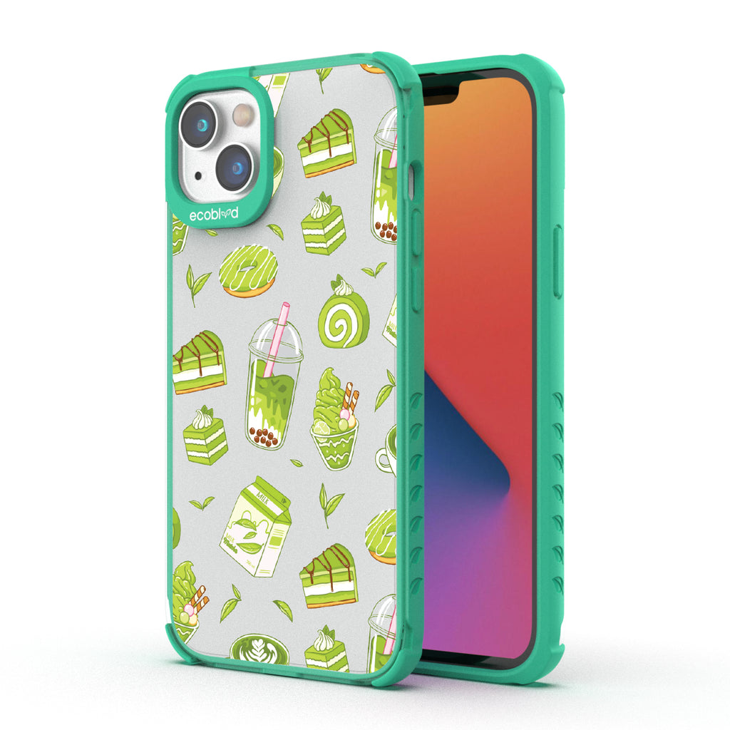 Front and back view of iPhone 14 Plus case, clear compostable phone case with green ridges, So Matcha More design