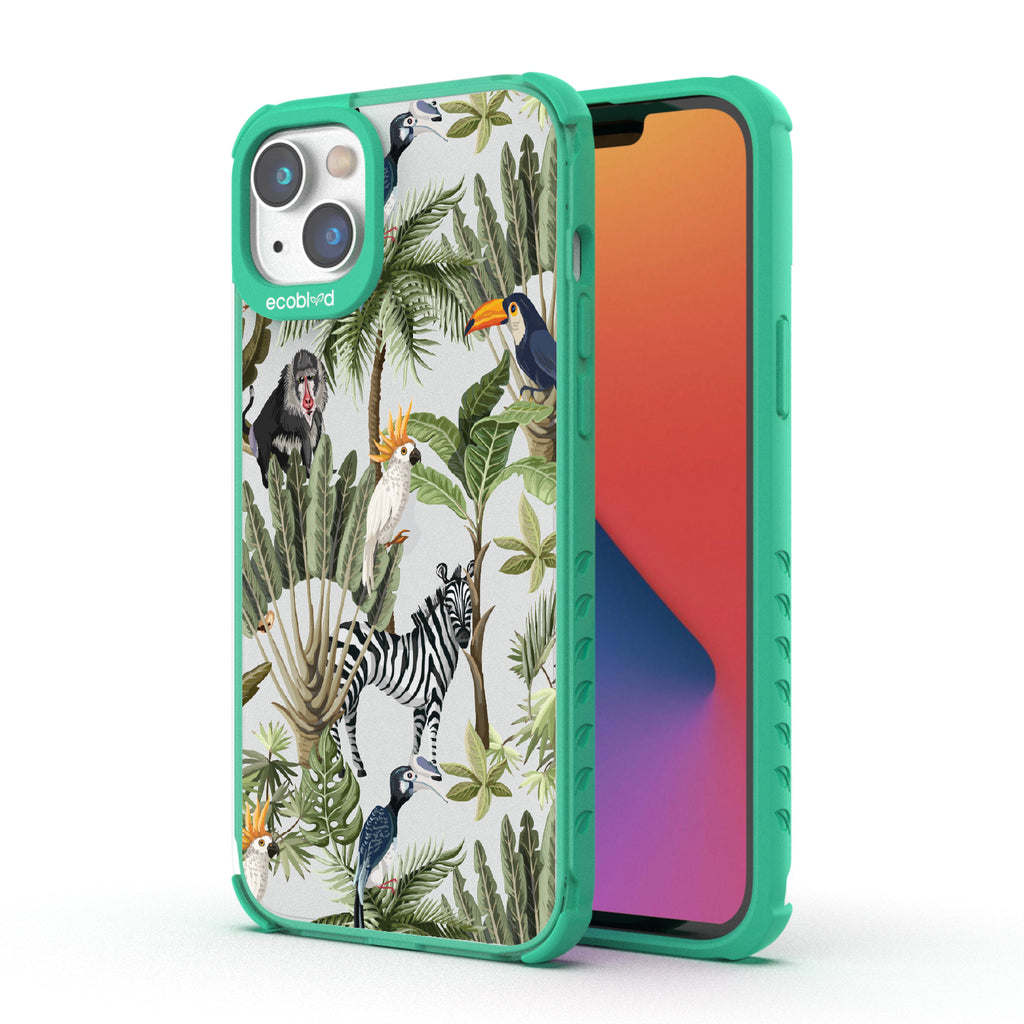 Toucan Play That Game - Back View Of Green & Clear Eco-Friendly iPhone 14 Plus Case & A Front View Of The Screen