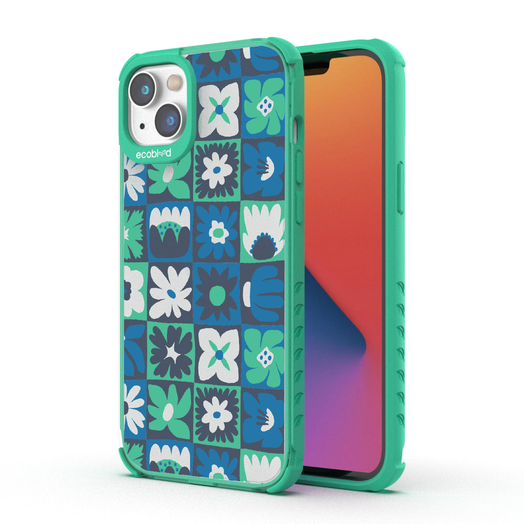 Paradise Blooms - Back View Of Green & Clear Eco-Friendly iPhone 14 Case & A Front View Of The Screen