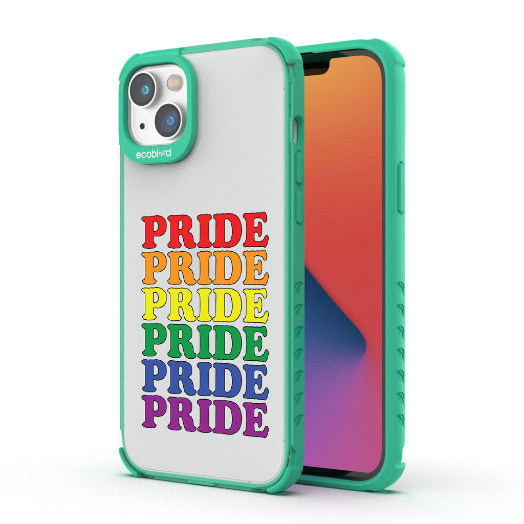 Pride Camp - Back View Of Green & Clear Eco-Friendly iPhone 14 Case & A Front View Of The Screen