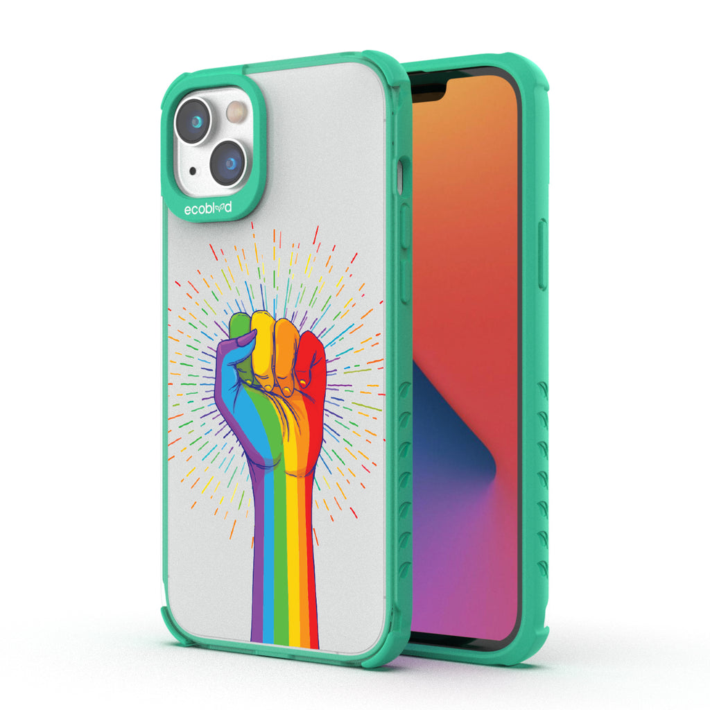 Rise With Pride - Back View Of Green & Clear Eco-Friendly iPhone 14 Case & A Front View Of The Screen
