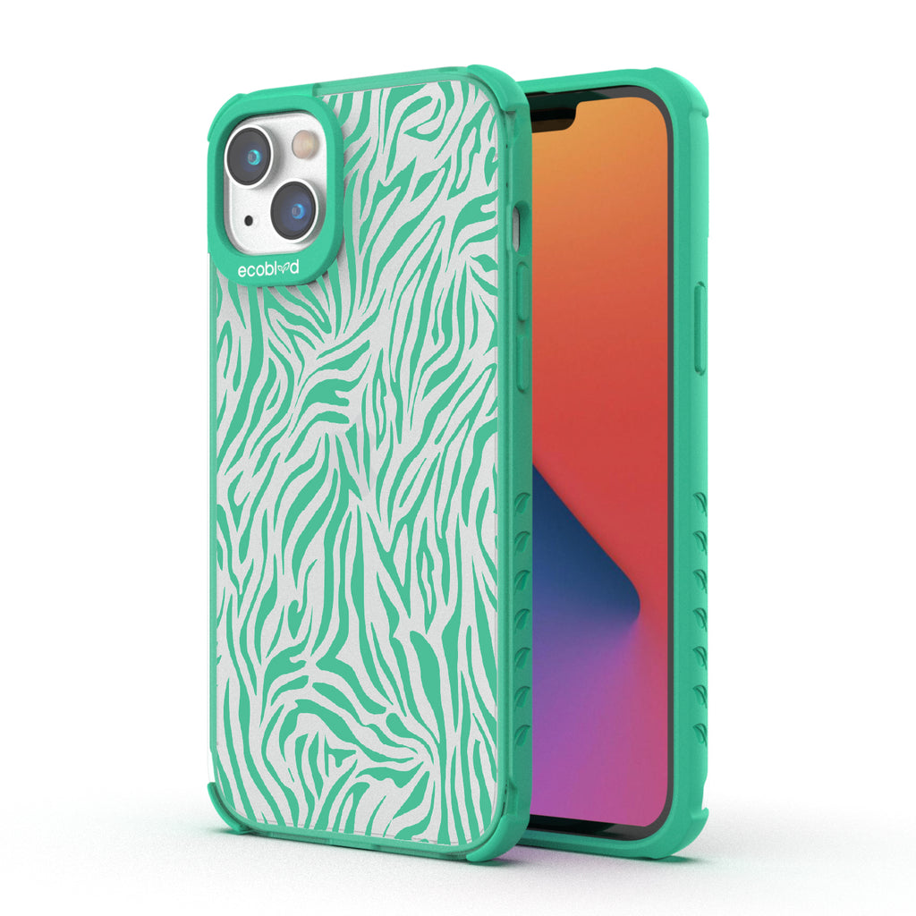 Zebra Print - Back View Of Green & Clear Eco-Friendly iPhone 14 Case & A Front View Of The Screen