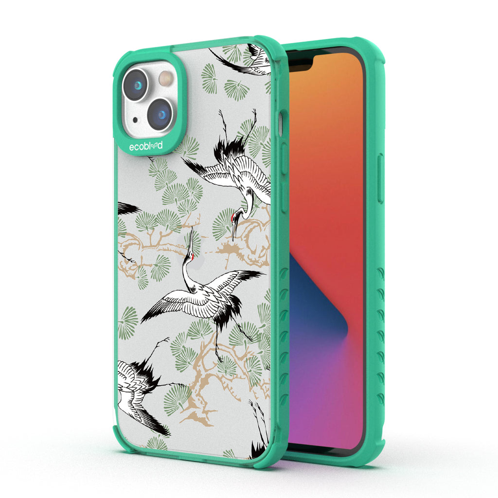 Graceful Crane - Back View Of Green & Clear Eco-Friendly iPhone 14 Case & A Front View Of The Screen
