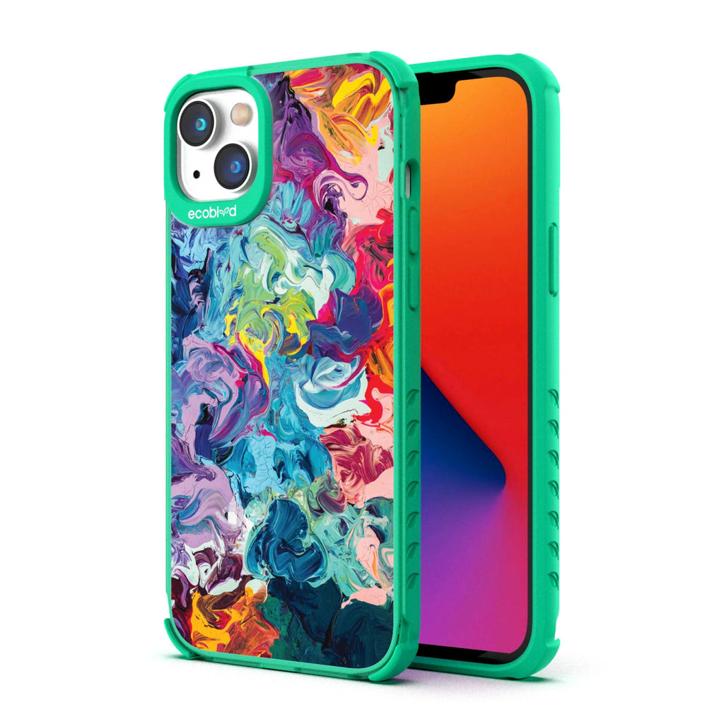 Back View Of Green Eco-Friendly iPhone 14 Clear Case With Give It A Swirl Design & Front View Of Screen