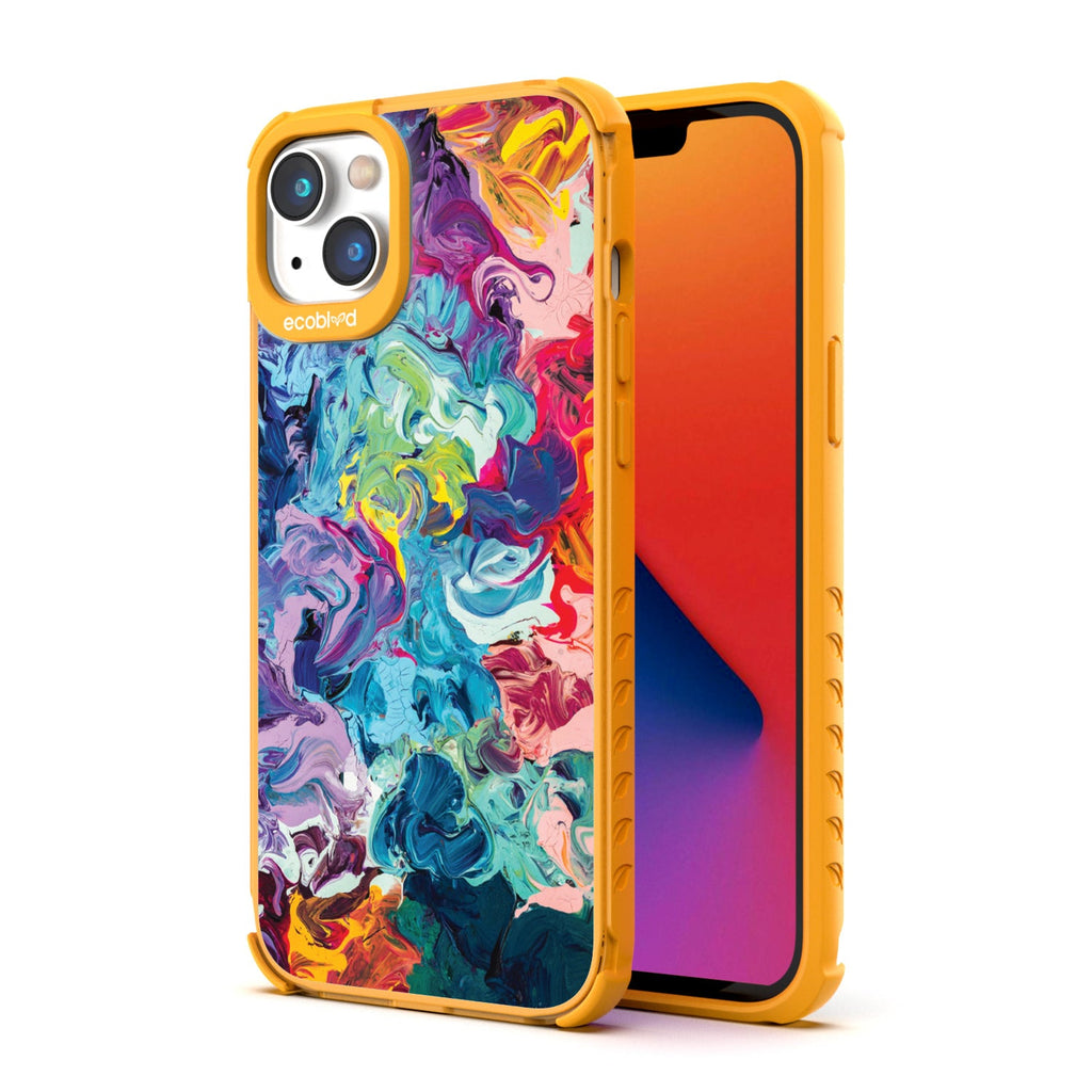 Back View Of Yellow Eco-Friendly iPhone 14 Clear Case With Give It A Swirl Design & Front View Of Screen