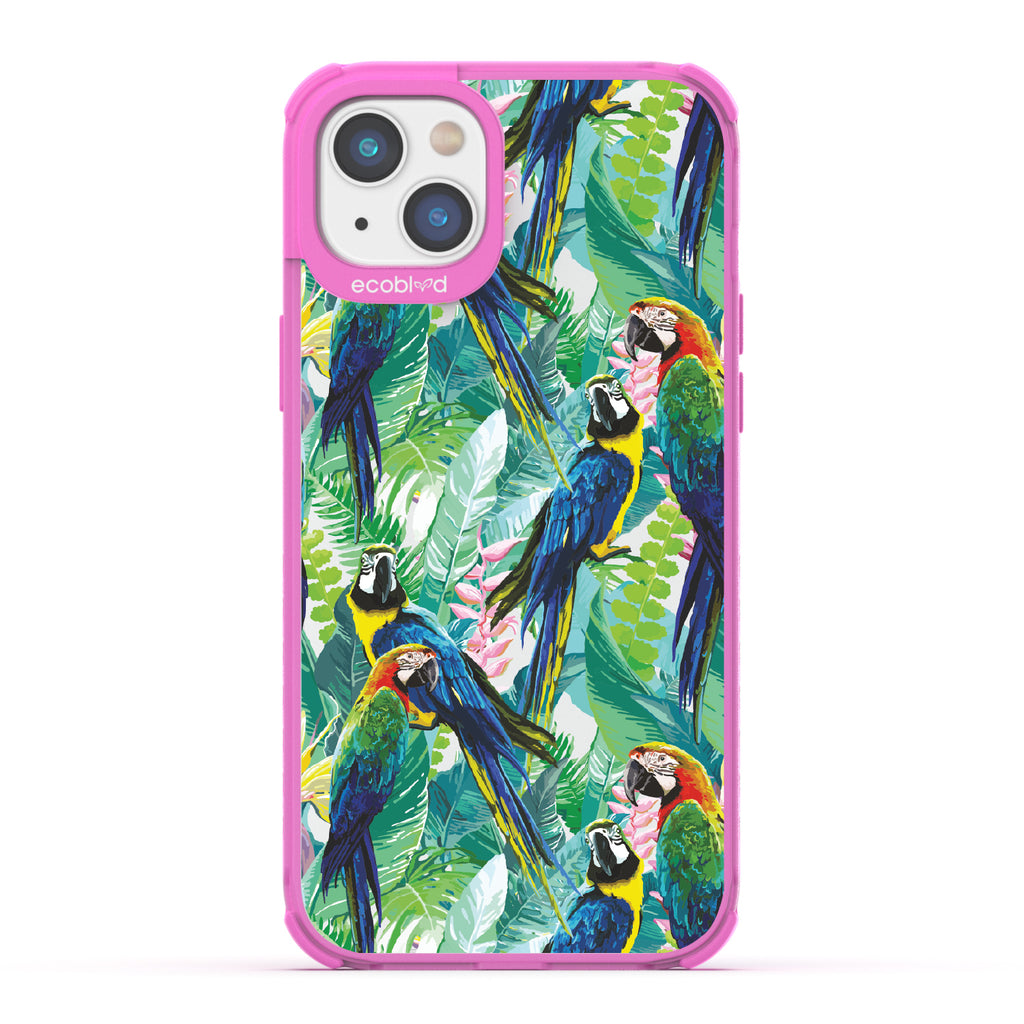 Macaw Medley - Pink Eco-Friendly iPhone 14 Plus Case With Macaws & Tropical Leaves On A Clear Back
