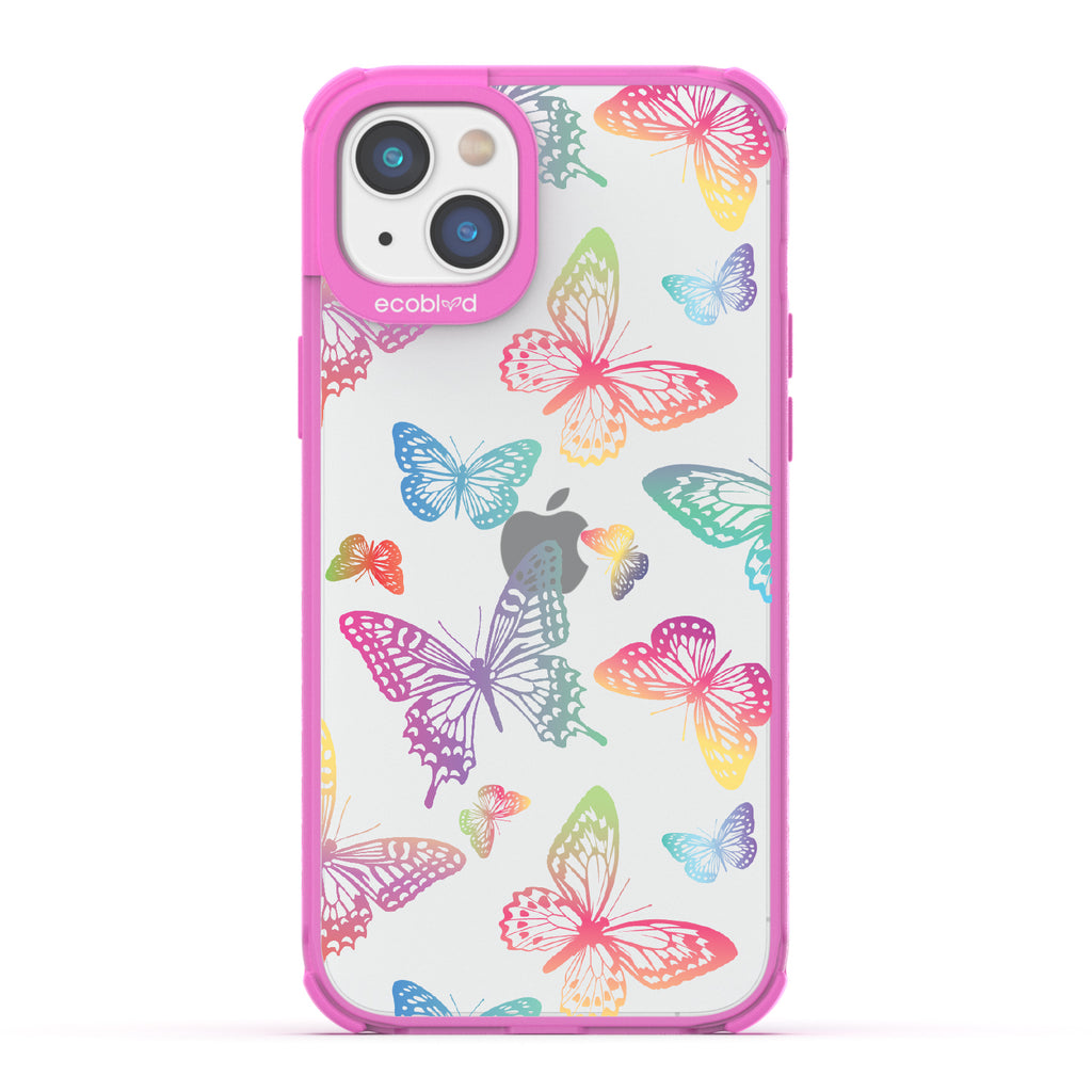 Butterfly Effect - Pink Eco-Friendly iPhone 14 Case With Multi-Colored Neon Butterflies On A Clear Back