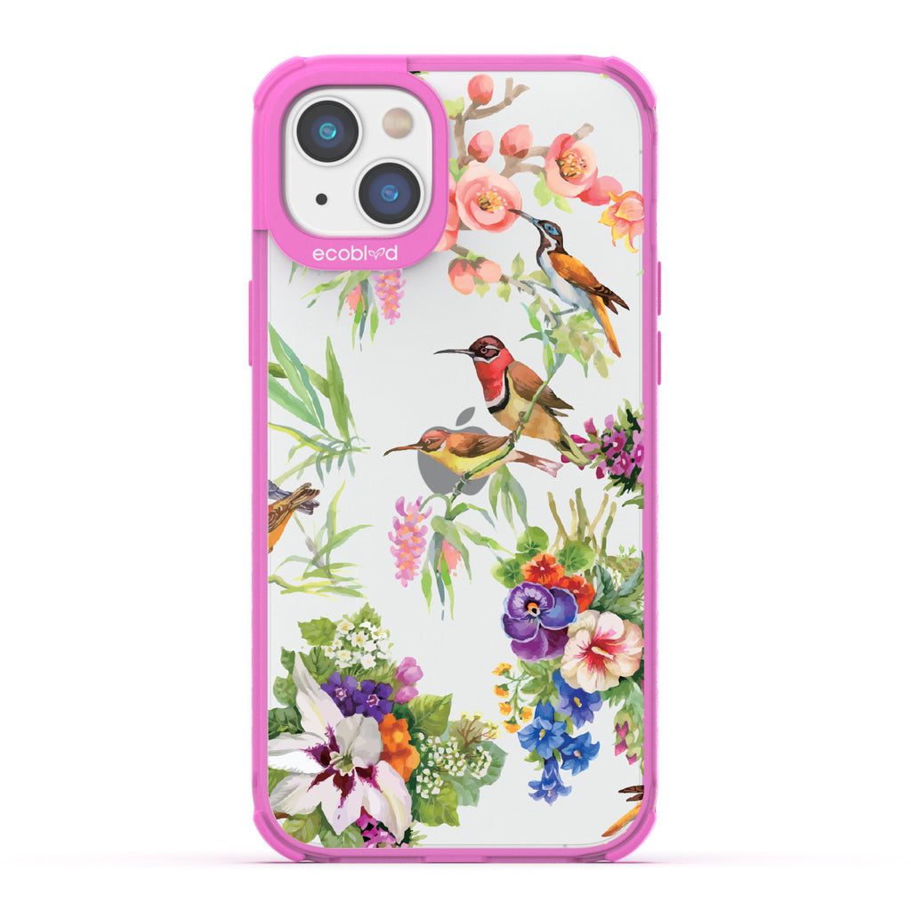 Sweet Nectar - Pink Eco-Friendly iPhone 14 Plus Case With Humming Birds, Colorful Garden Flowers On A Clear Back