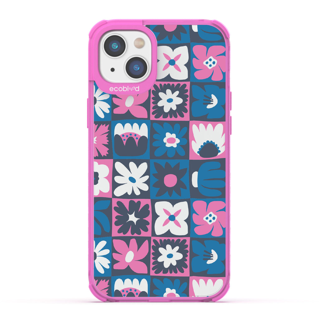 Paradise Blooms - Pink Eco-Friendly iPhone 14 Case With Tropical Floral Checker Print On A Clear Back