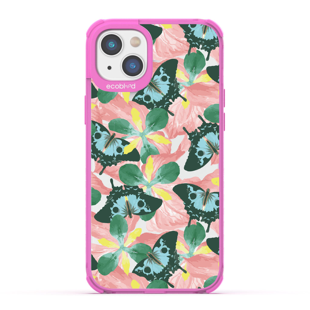 Fluttering Bouquet - Pink Eco-Friendly iPhone 14 Case With Blue & Green Butterflies, Pink Florals On A Clear Back