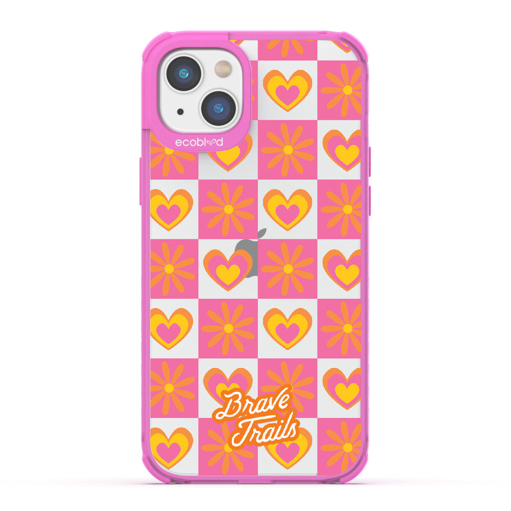 Free Spirit X Brave Trails - Pink Eco-Friendly iPhone 14 Plus Case with Pink Checkered Hearts & Flowers On Clear Back