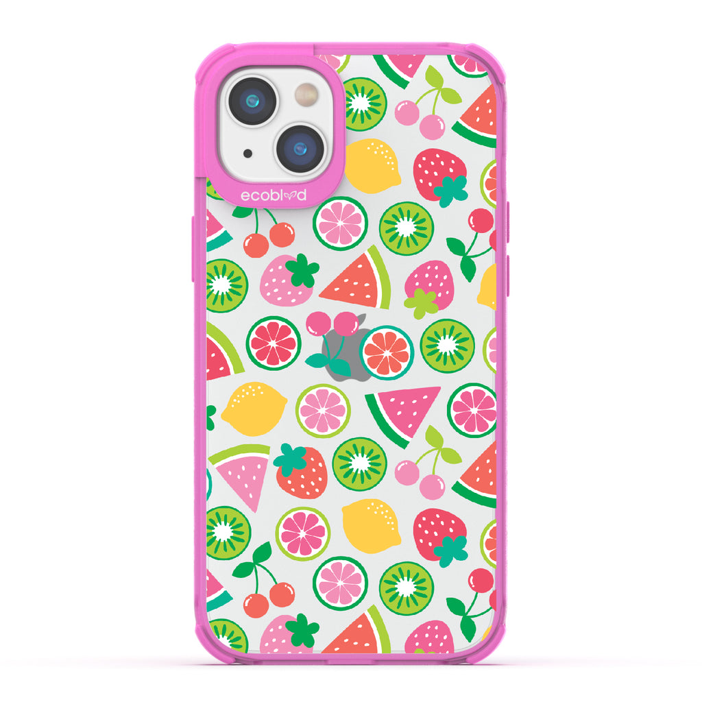 Juicy Fruit - Pink Eco-Friendly iPhone 14 Plus Case With Various Colorful Summer Fruits On A Clear Back