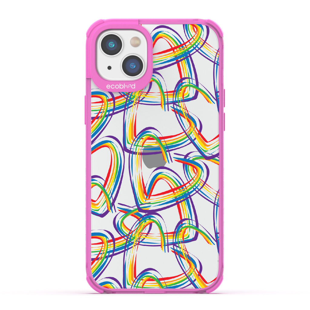 One Love - Pink Eco-Friendly iPhone 14 Case With Brush Stroke Rainbow Hearts On A Clear Back