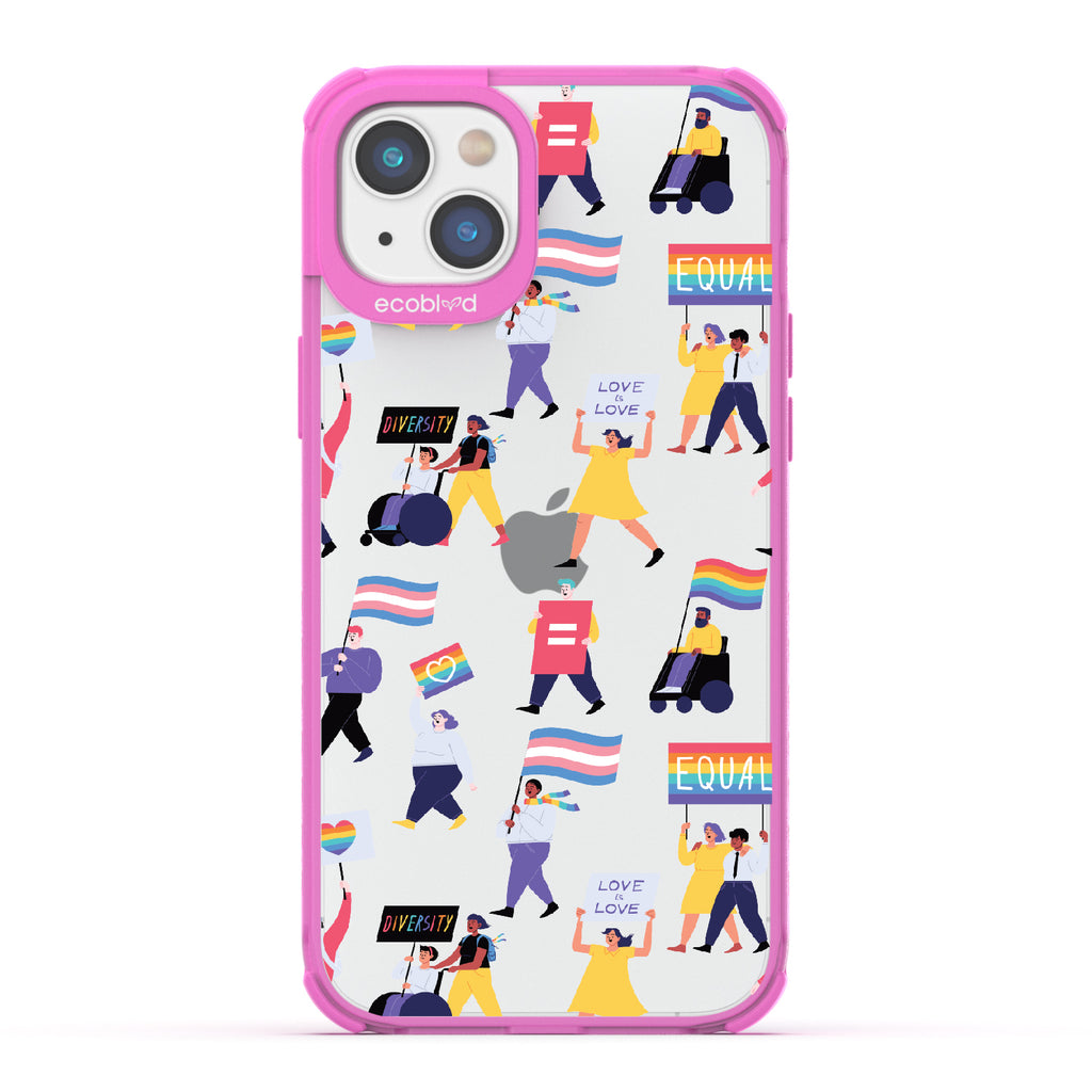 All Together Now - Pink Eco-Friendly iPhone 14 Case With Pride March For People Of All Identities On A Clear Back