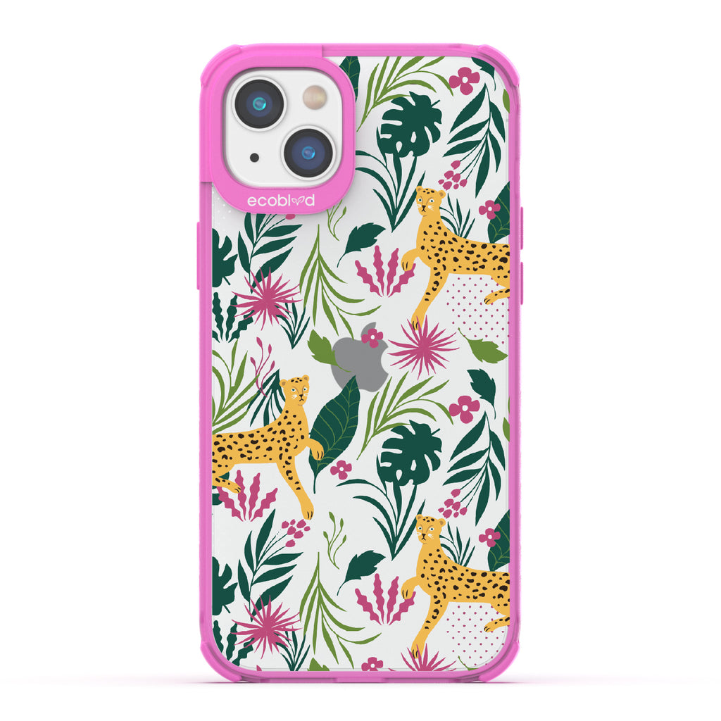 Jungle Boogie - Pink Eco-Friendly iPhone 14 Case With Cheetahs Among Lush Colorful Jungle Foliage On A Clear Back
