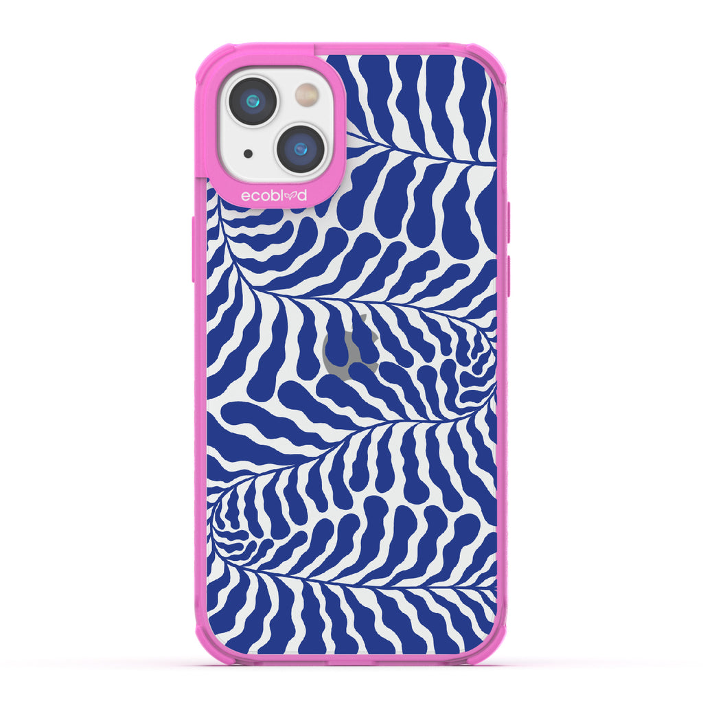 Blue Lagoon - Pink Eco-Friendly iPhone 14 Plus Case With Abstract Tropical Blue Seaweed On A Clear Back