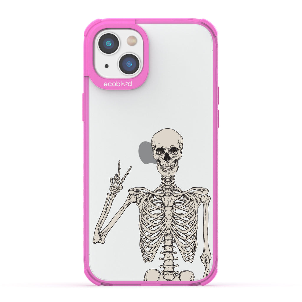 Creepin’ It Real - Pink Eco-Friendly iPhone 14 Plus Case With Skeleton Giving A Peace Sign On A Clear Back