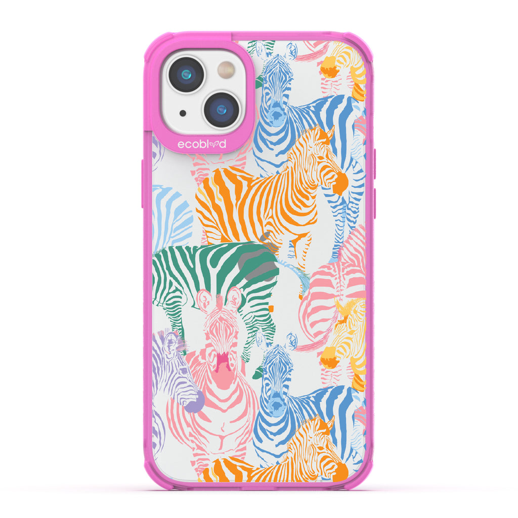 Colorful Herd - Pink Eco-Friendly iPhone 14 Case With Zebras in Multiple Colors On A Clear Back