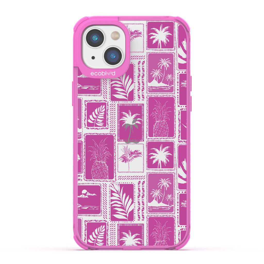 Oasis - Pink Eco-Friendly iPhone 14 Case With Tropical Shirt Palm Trees & Pineapple Print On A Clear Back