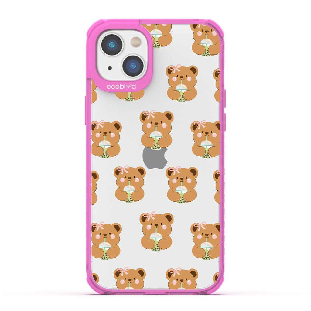 iPhone 14 Plus case, clear eco-friendly phone case with pink ridges, back view, Bear-ista Approved design