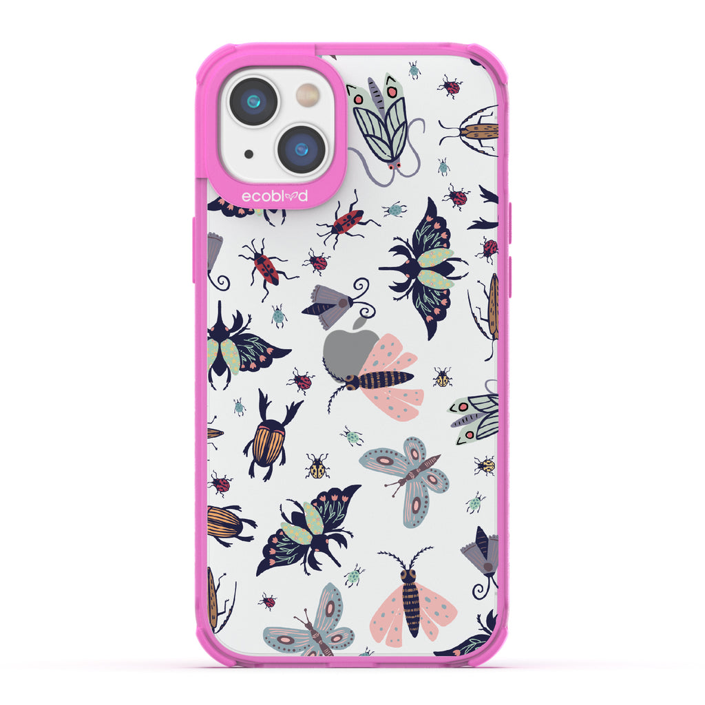 Bug Out - Pink Eco-Friendly iPhone 14 Case With Butterflies, Moths, Dragonflies, And Beetles On A Clear Back