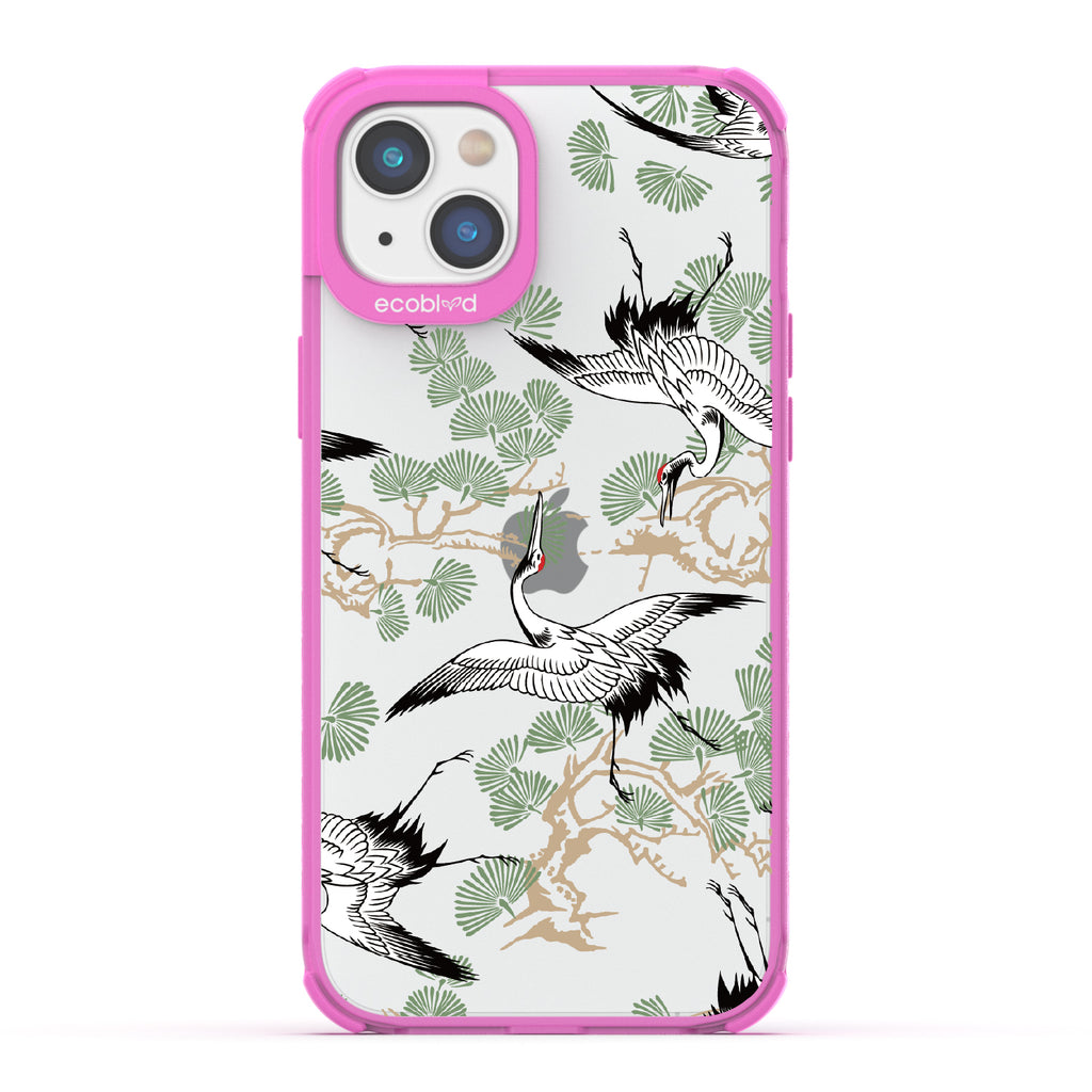 Graceful Crane - Pink Eco-Friendly iPhone 14 Case With Japanese Cranes Atop Branches On A Clear Back