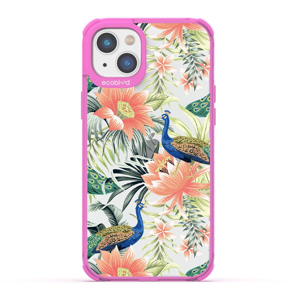 Peacock Palace - Pink Eco-Friendly iPhone 14 Case With Peacocks + Colorful Tropical Fauna On A Clear Back