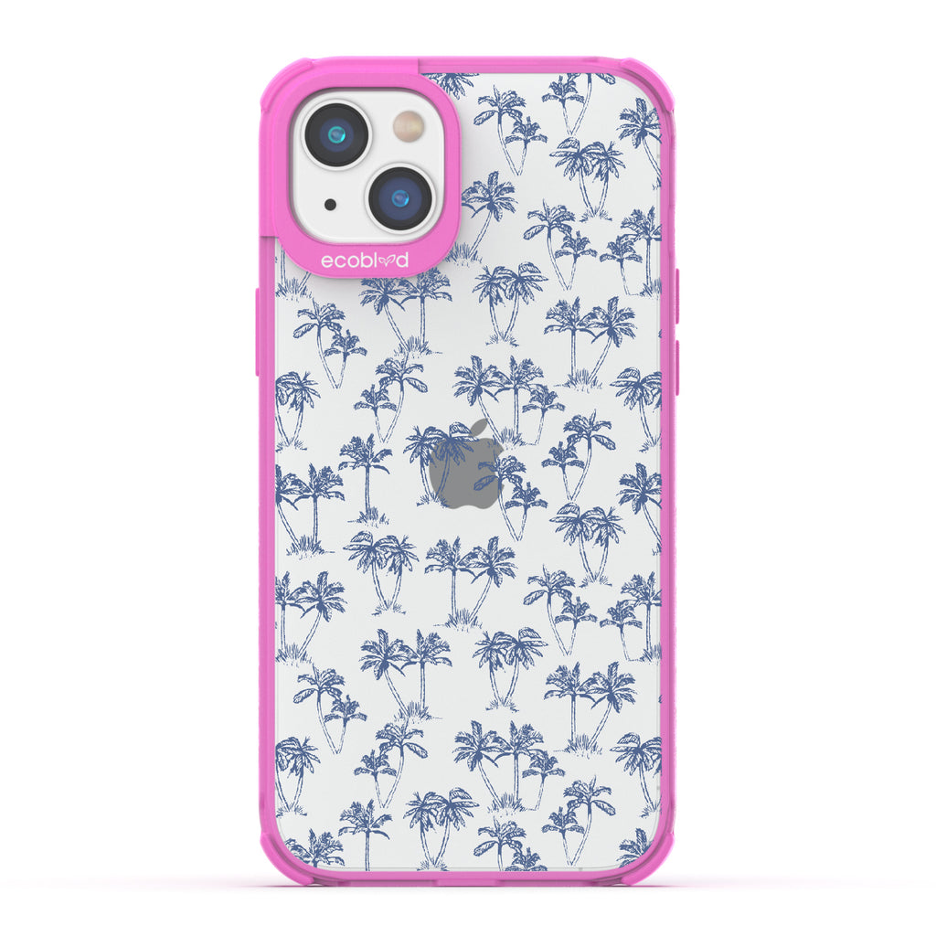 Endless Summer - Pink Eco-Friendly iPhone 14 Case With 50's-Style Blue Palm Trees Print On A Clear Back