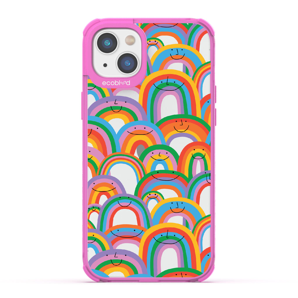 Prideful Smiles - Pink Eco-Friendly iPhone 14 Plus Case With Rainbows That Have Smiley Faces On A Clear Back