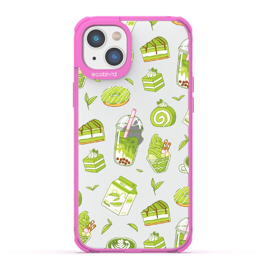 iPhone 14 Plus case, clear eco-friendly phone case with pink ridges, back view, So Matcha More design