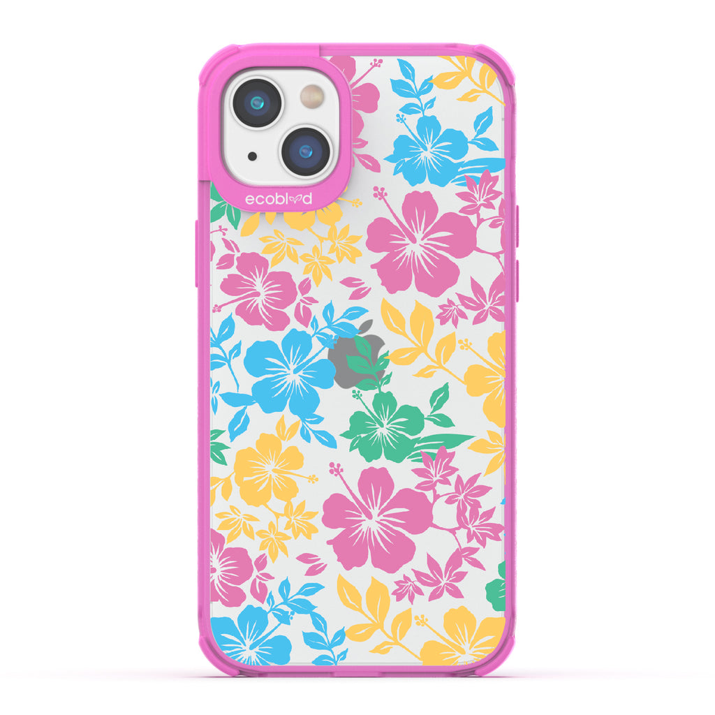 Lei'd Back - Pink Eco-Friendly iPhone 14 Plus Case With Colorful Hawaiian Hibiscus Floral Print On A Clear Back