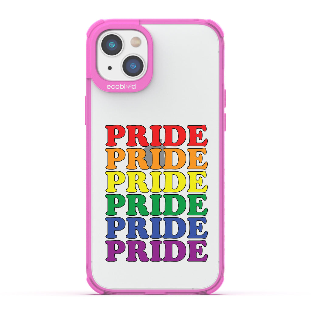 Pride Camp - Pink Eco-Friendly iPhone 14 Case With Pride Stacked In Multiple Rainbow Colors On A Clear Back