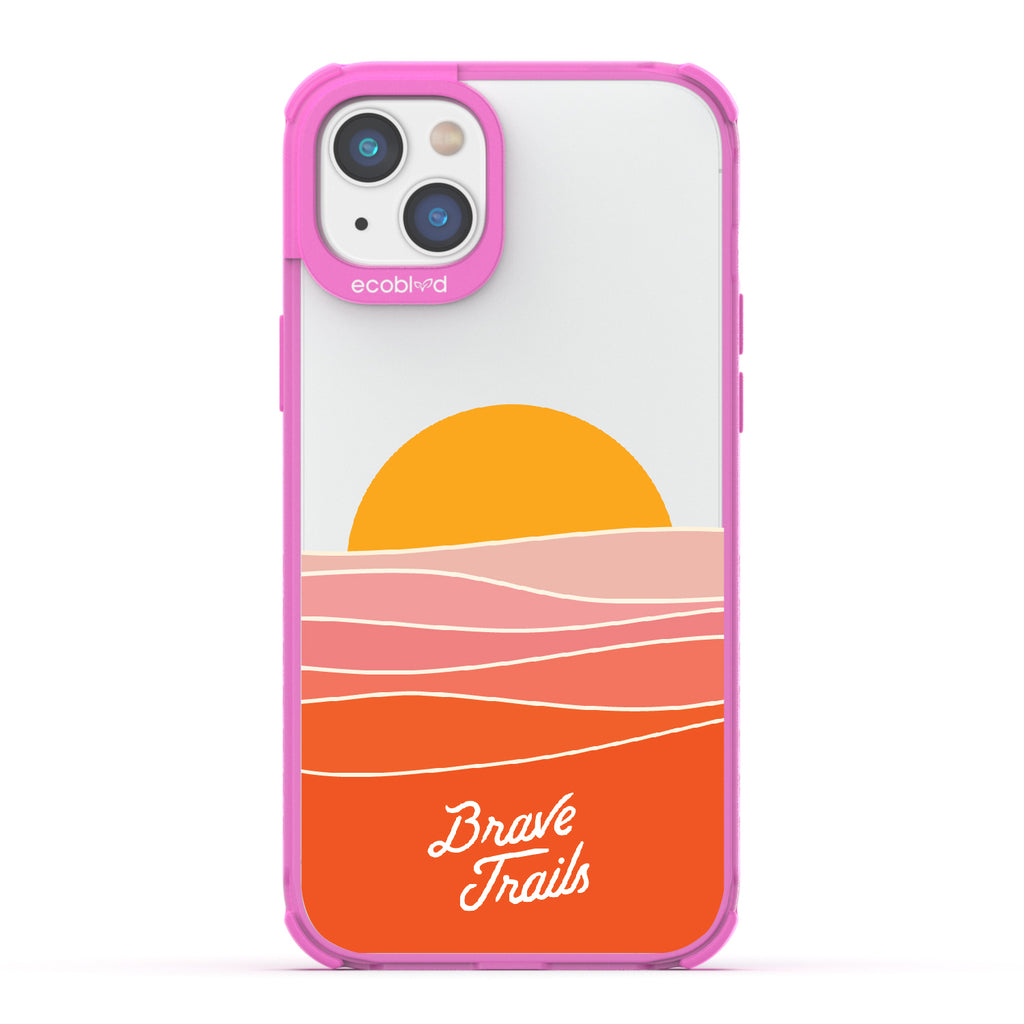 Enlightened X Brave Trails - Pink Eco-Friendly iPhone 14 Plus Case with Sun Rising Over Minimalist Hillside On Clear Back