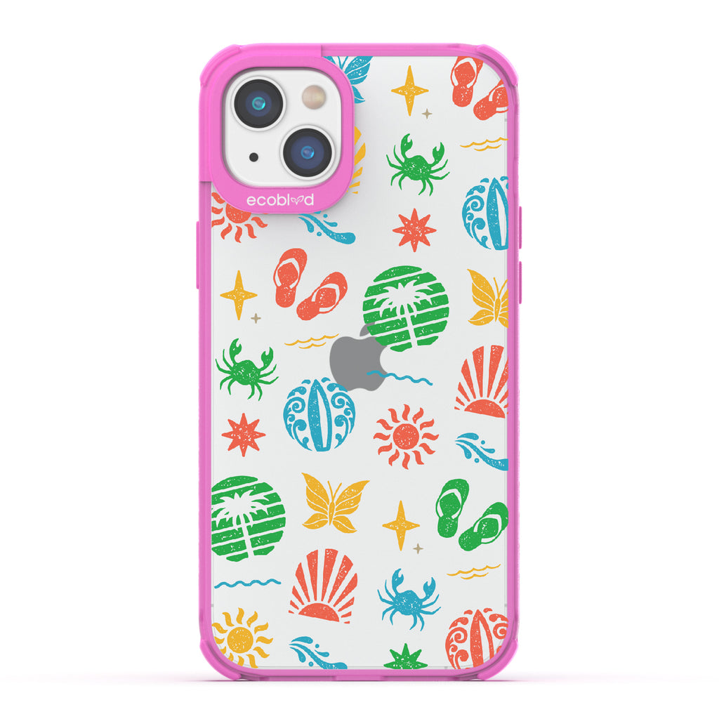 Island Time - Pink Eco-Friendly iPhone 14 Plus Case With Surfboard Art Of Crabs, Sandals, Waves & More On A Clear Back