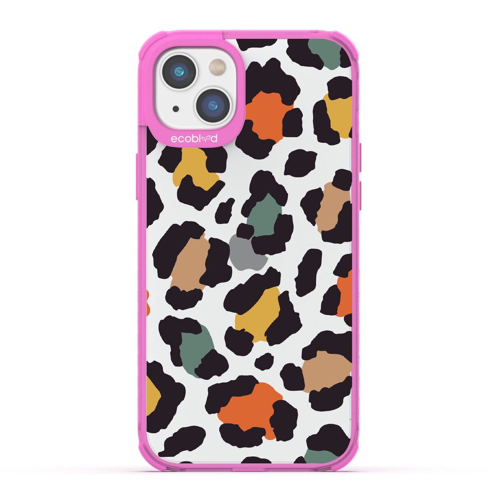 Cheetahlicious - Pink Eco-Friendly iPhone 14 Case With Multi-Colored Cheetah Print On A Clear Back