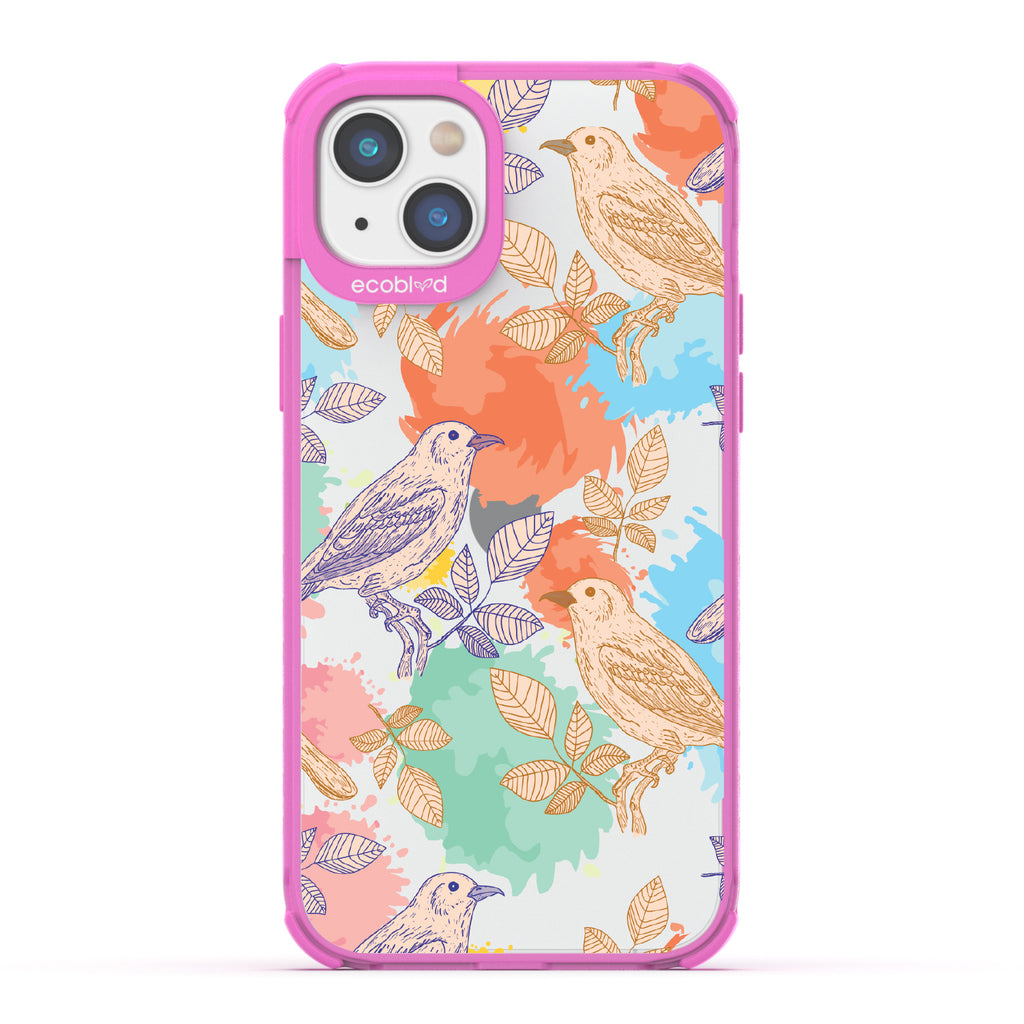 Perch Perfect - Pink Eco-Friendly iPhone 14 Plus Case With Birds On Branches & Splashes Of Color On A Clear Back