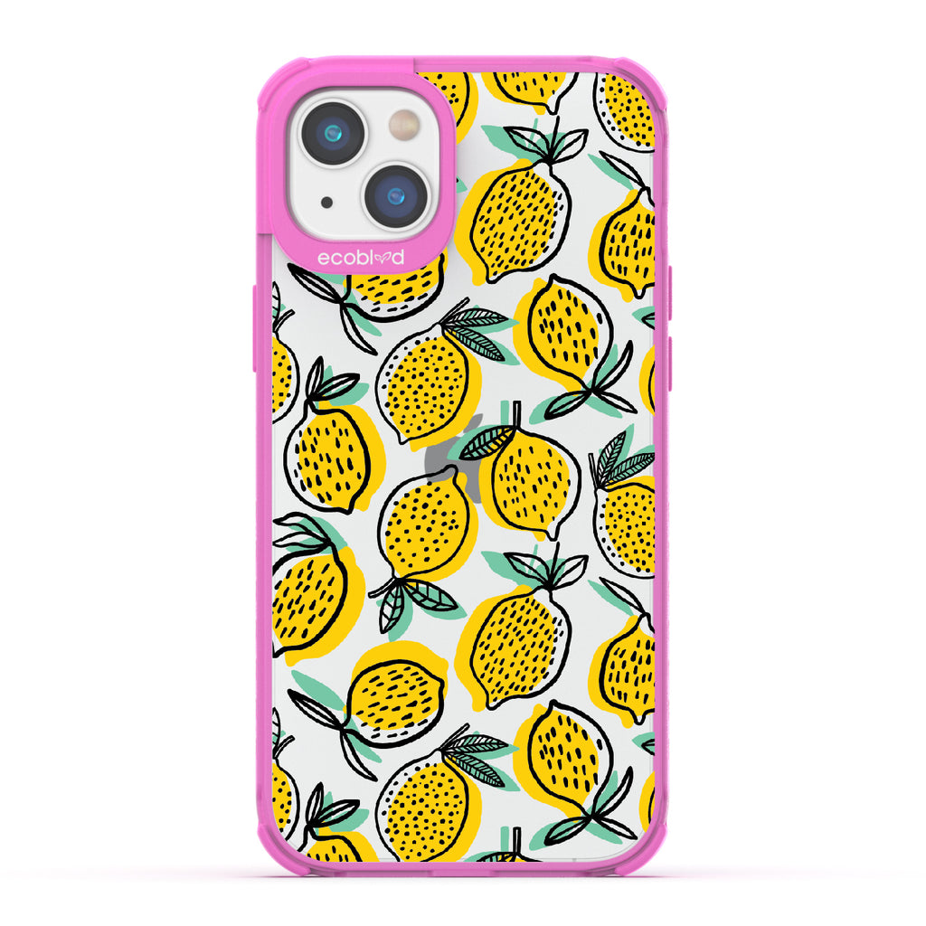 Lemon Drop - Pink Eco-Friendly iPhone 14 Plus Case With Retro Lemon Print On A Clear Back