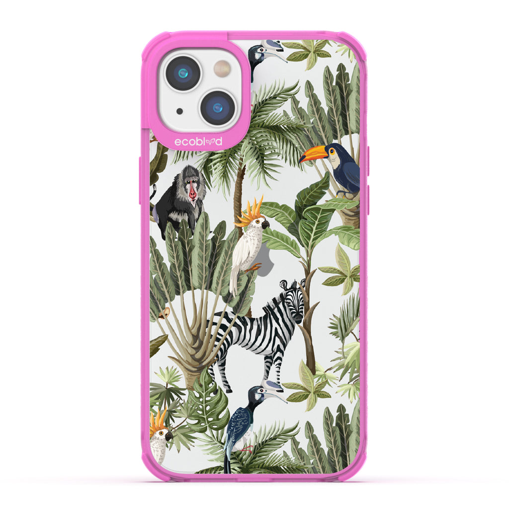 Toucan Play That Game - Pink Eco-Friendly iPhone 14 Plus Case With Jungle Fauna, Toucan, Zebra & More On A Clear Back