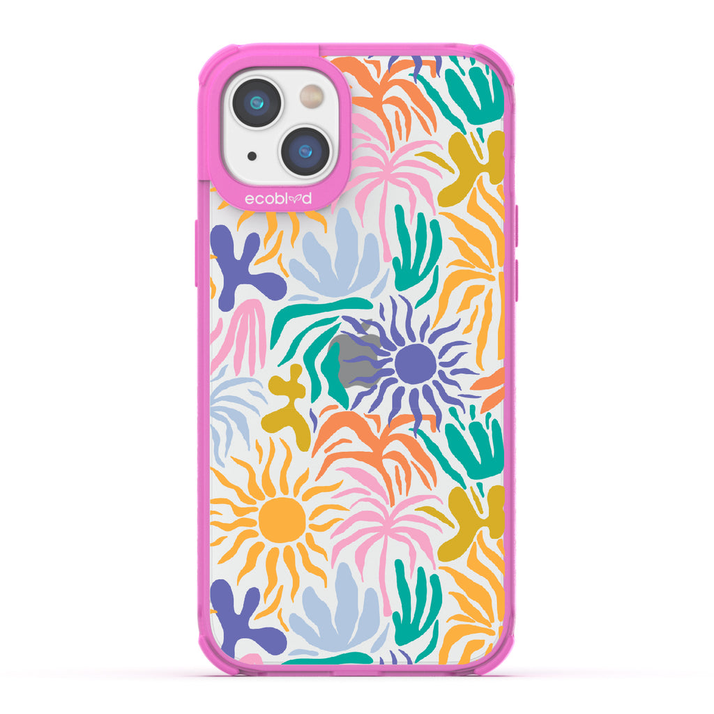 Sun-Kissed - Pink Eco-Friendly iPhone 14 Plus Case With Sunflower Print + The Sun As The Flower On A Clear Back