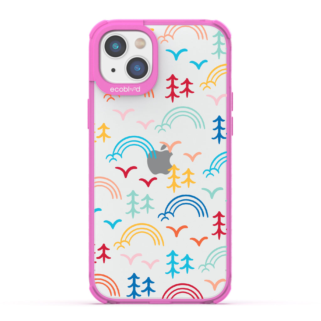 Happy Camper X Brave Trails - Pink Eco-Friendly iPhone 14 Case with Minimalist Trees, Birds, Rainbows On A Clear Back