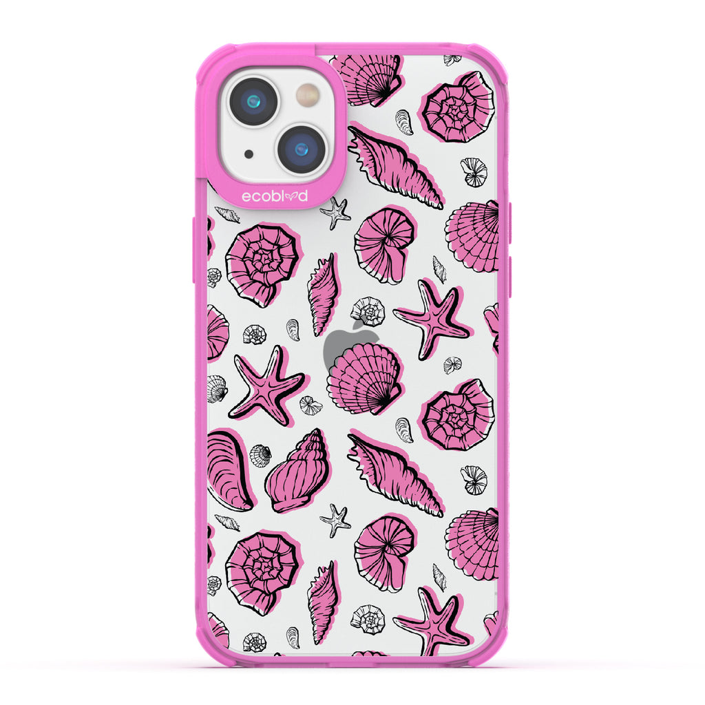 Seashells Seashore - Pink Eco-Friendly iPhone 14 Case With Seashells and Starfish On A Clear Back