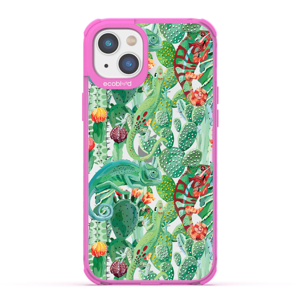 In Plain Sight - Pink Eco-Friendly iPhone 14 Case With Chameleons On Cacti On A Clear Back