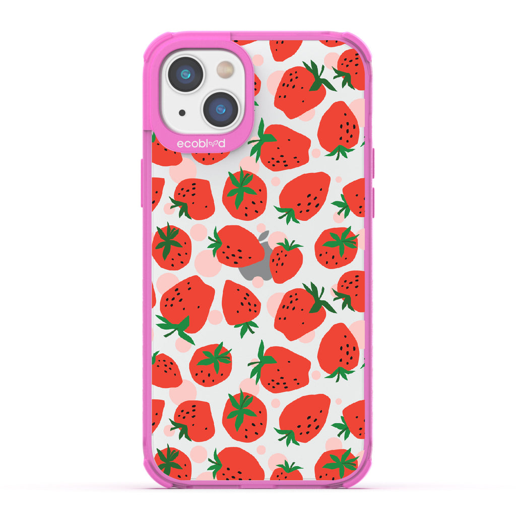 Strawberry Fields - Pink Eco-Friendly iPhone 14 Plus Case With Strawberries On A Clear Back