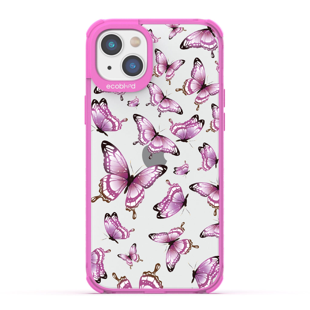 Social Butterfly - Pink Eco-Friendly iPhone 14 Case With Pink Butterflies On A Clear Back - Compostable
